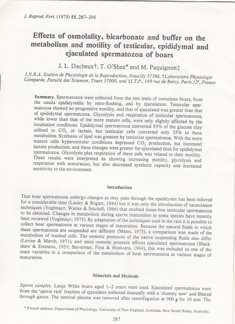 Effects Of Osmolality, Bicarbonate And Buffer On The Metabolism And Motility Of Testicular, Epididymal And Ejaculated Spermatozoa Of Boars 1
