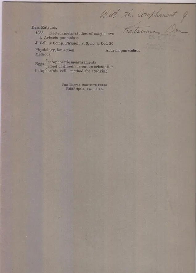 Electrokinetic Studies Of Marine Ova I. Arbacia Punctulata  By Katsuma, Dan 1