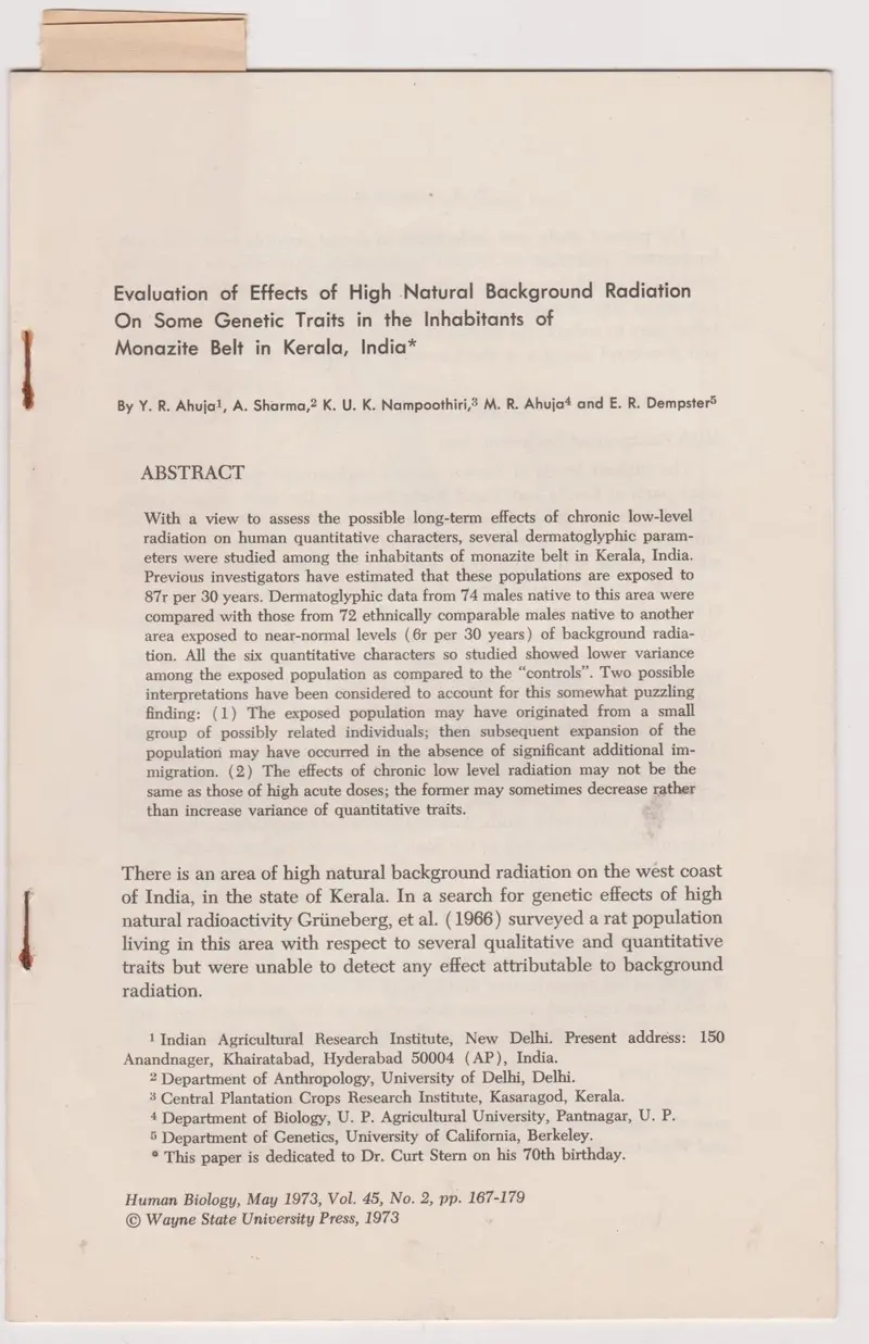 Evaluation Of Effects Of High Natural Background Radiation On Some Genetic Traits In The Inhabitants Of Monazite Belt In Kerala, India 1