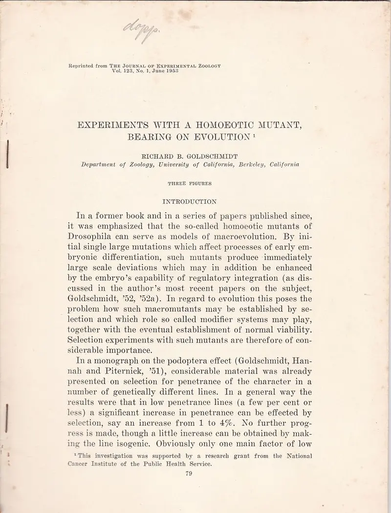 Experiments With A Homoeotic Mutant Bearing On Evolution 1