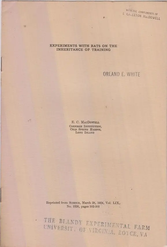 Experiments With Rats On The Inheritance Of Training  By Macdowell, E.C. 1