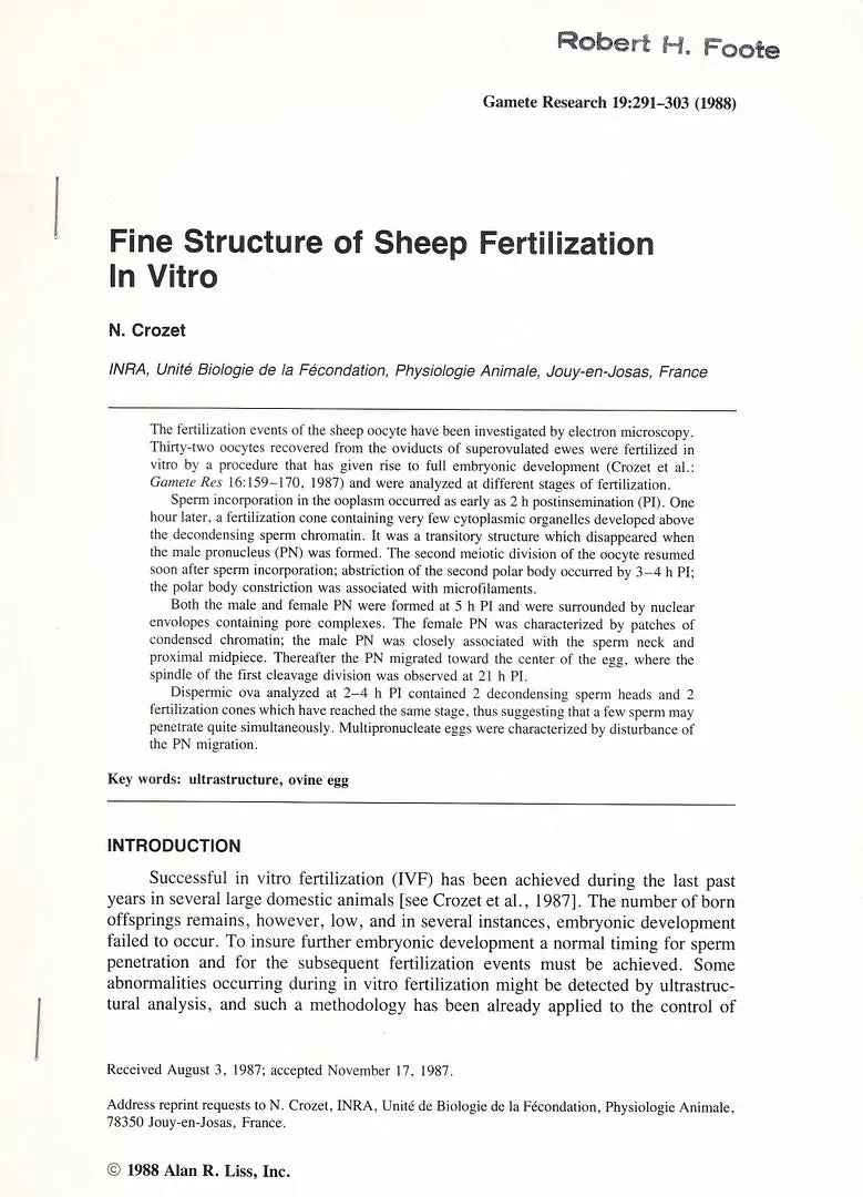 Fine Structure Of Sheep Fertilization In Vitro 1
