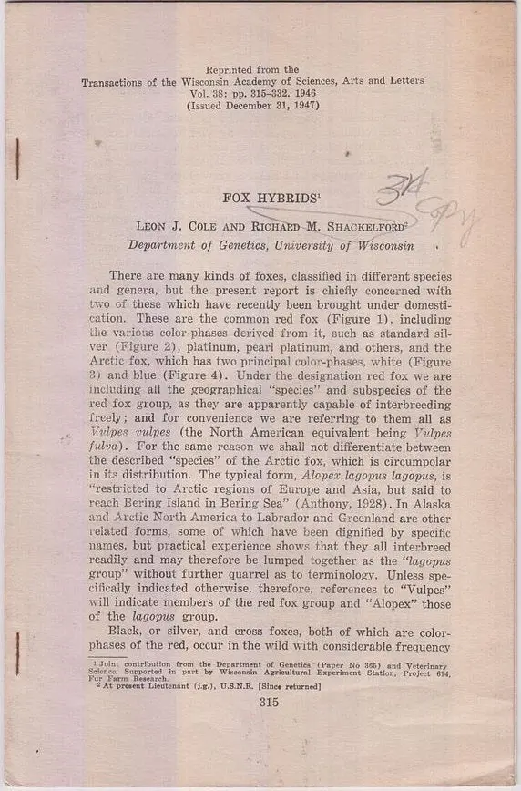Fox Hyrbids By Cole, Leon J., Richard M. Schackelford 1