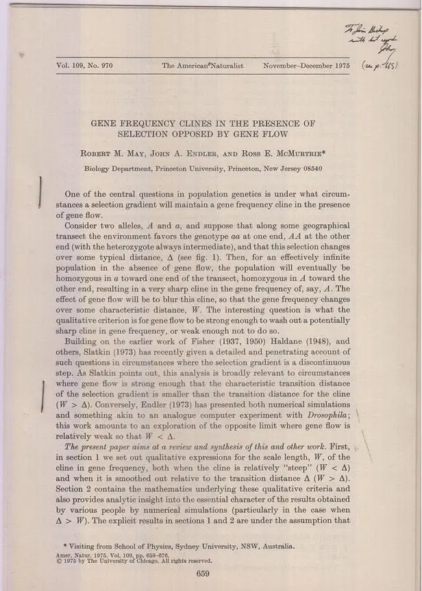 Gene Frequency Clines In The Presence Of Selection Opposed By Gene Flow By May, Robert M., John A. Endler, Ross E. Mcmurtrie 1