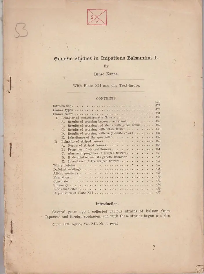 Genetic Studies In Impatiens Balsamina L. 1