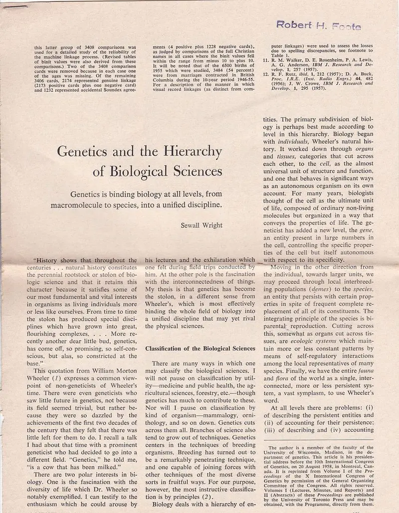 Genetics And The Hierarchy Of Biological Sciences 1