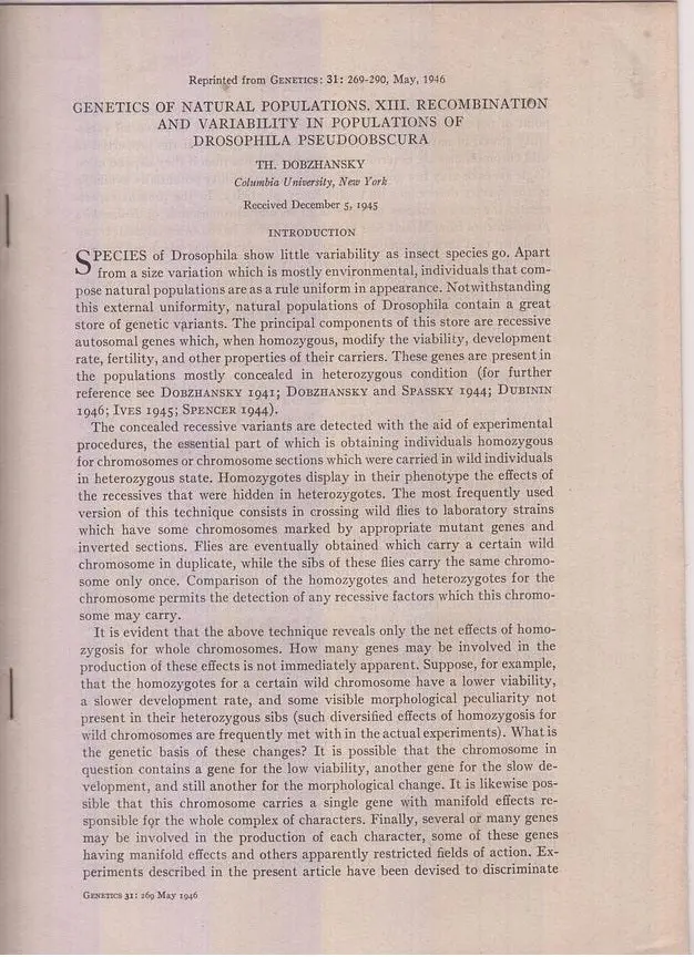Genetics Of Natural Populations, Xiii, Recombination And Variability In Populations Of Drosophila Pseudoobscura By Dobzhansky, Theodosius 1