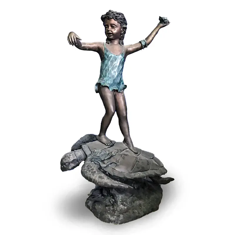 Girl Surfing On Sea Turtle Bronze Statue 1