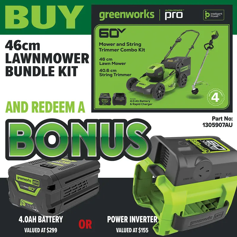 Greenworks 2502807 60V 46Cm Lawnmower Bundle Kit [1305907Au] - Kit Comes With 1 X 60V Lawnmower, 1 X String Trimmer, Battery And Charger! 1