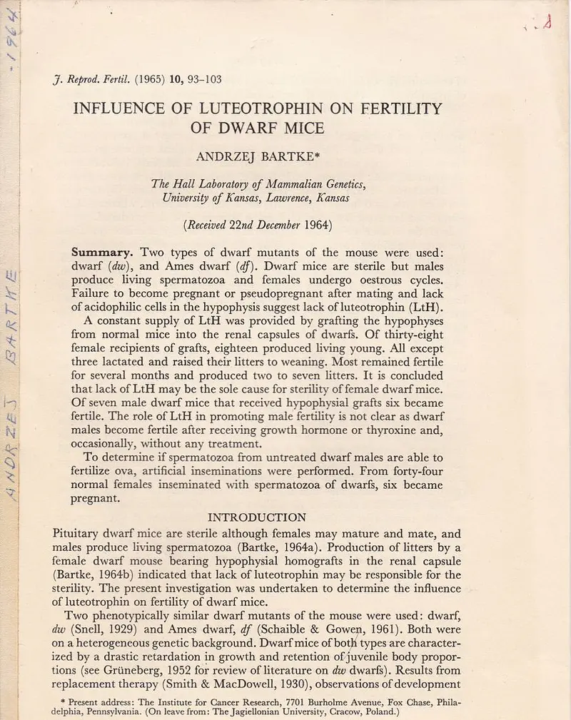Influence Of Luteotrophin On Fertility Of Dwarf Mice 1