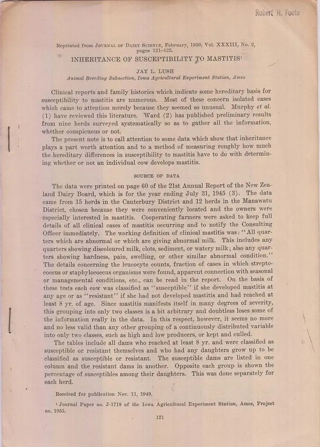 Inheritance Of Suceptibility To Mastitis  By Lush, Jay L. 1