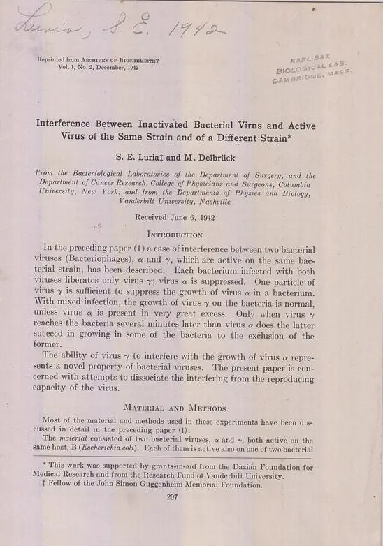 Interference Between Inactivated Bacterial Virus And Active Virus Of The Same Strain And Of A Different Strain  By Luria, S.E., M. Delbruck 1
