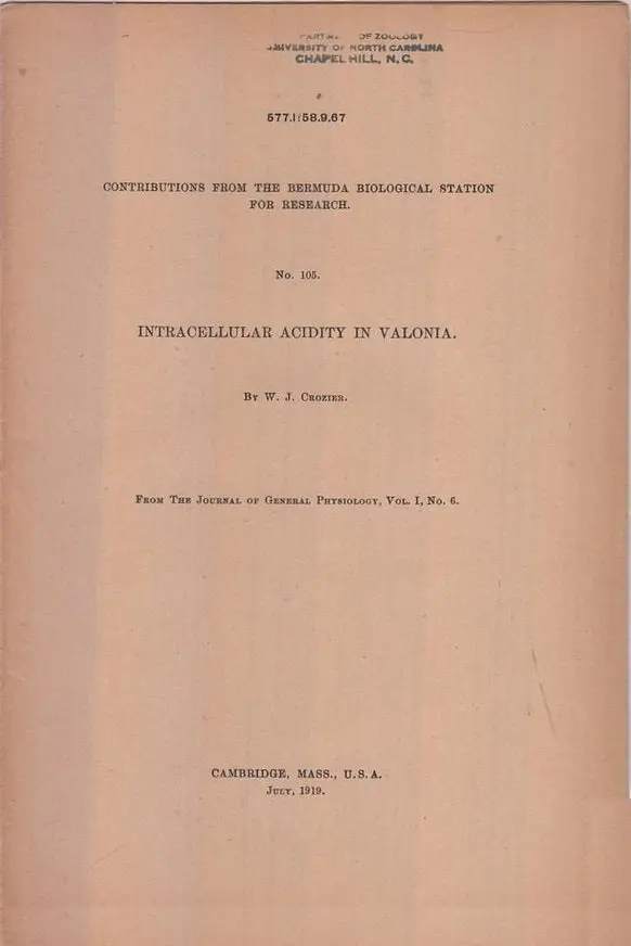 Intracellular Acidity In Valonia  By Crozier, J.W. 1