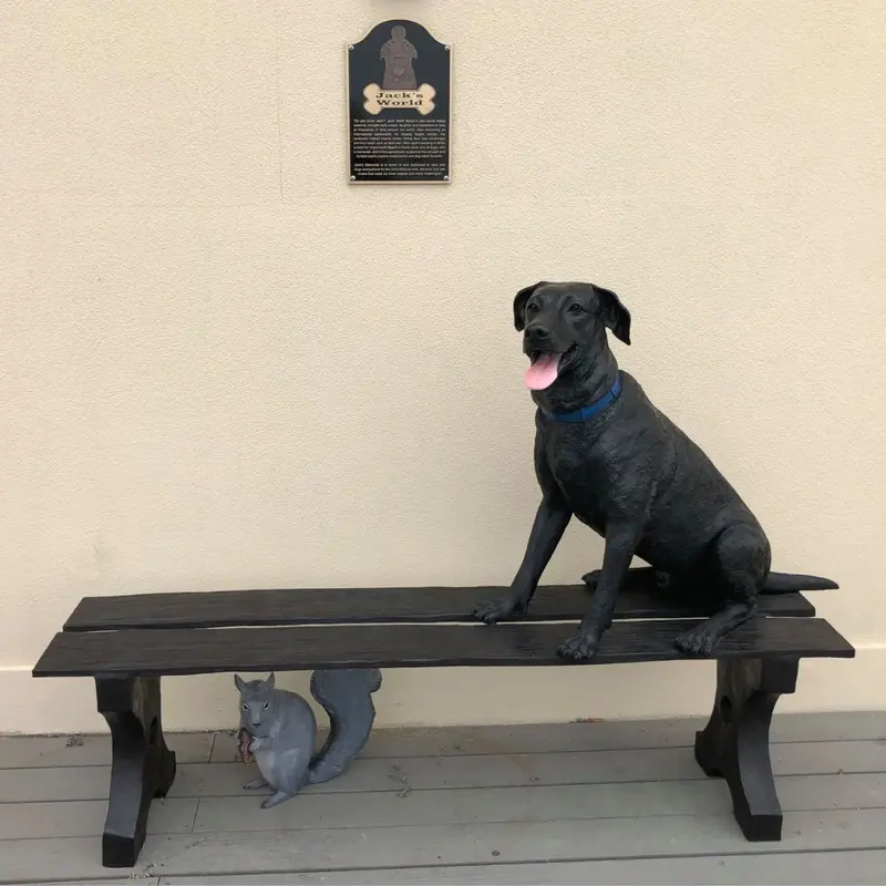 Jack Bronze Labrador Dog Statue On Bronze Bench 1