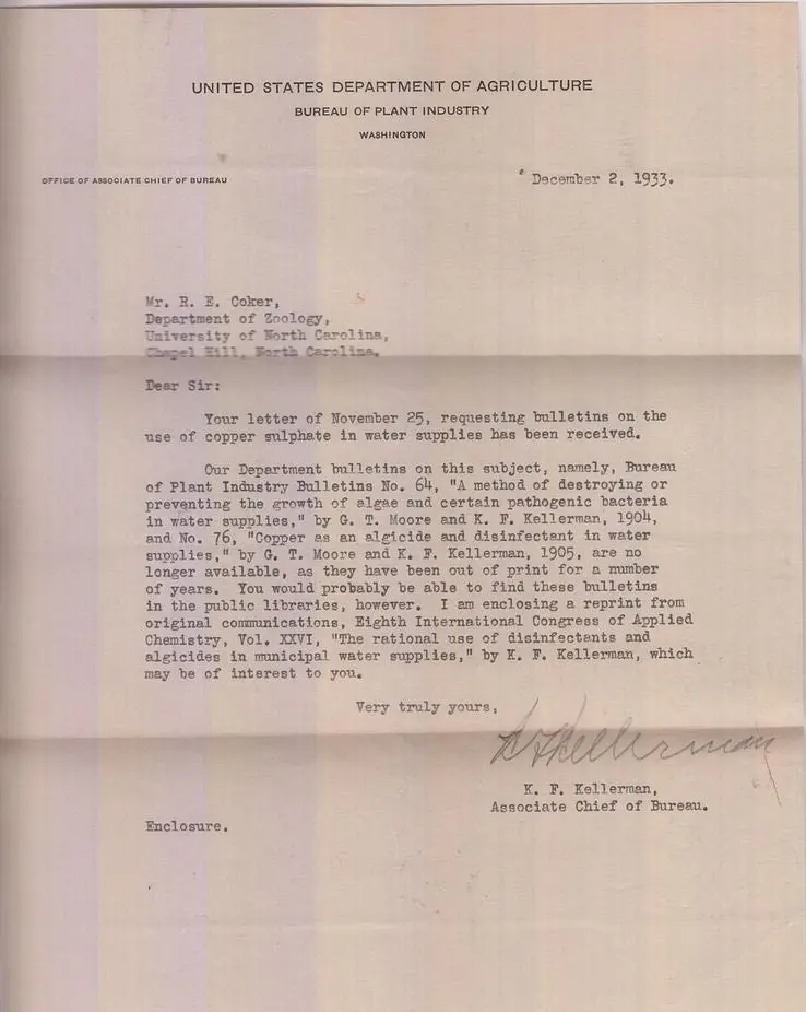 Letter To R.E. Coker Responding About Bulletins On The Use Of Copper Sulphate In Water Supplies  By Kellerman, K.F. 1
