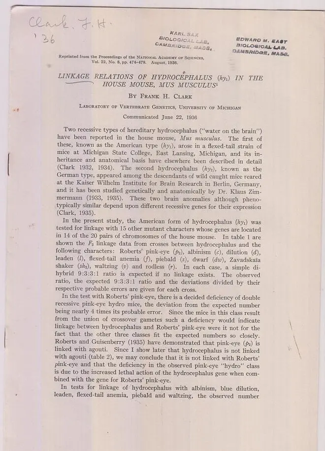 Linkage Relations Of Hydrocephalus (Hy1) In The House Mouse, Mus Musculus  By Clark, Frank H. 1