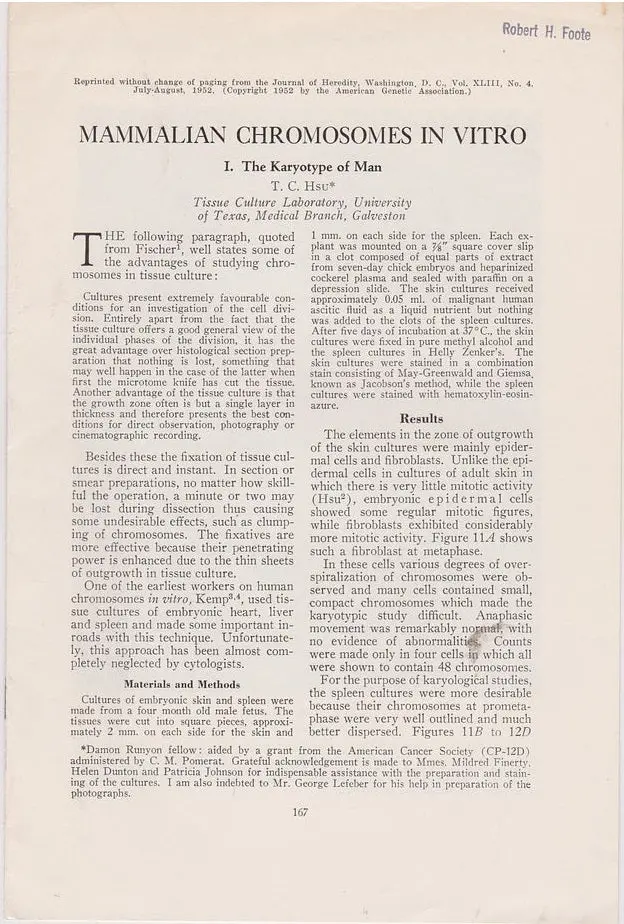 Mammalian Chromosomes In Vitro. I.The Karotype Of Man And Ii. A Method For Spreading The Crhomosomes Of Celles In Tissue Culture. 1