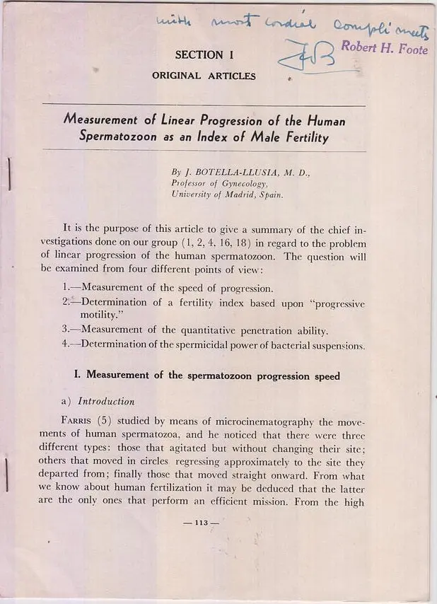 Measurement Of Linear Progression Of The Human Spermatozoon As An Index Of Male Fertility By Botella-Llusia, J. 1