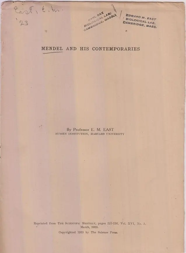 Mendel And His Contemporaries  By East, E.M. 1
