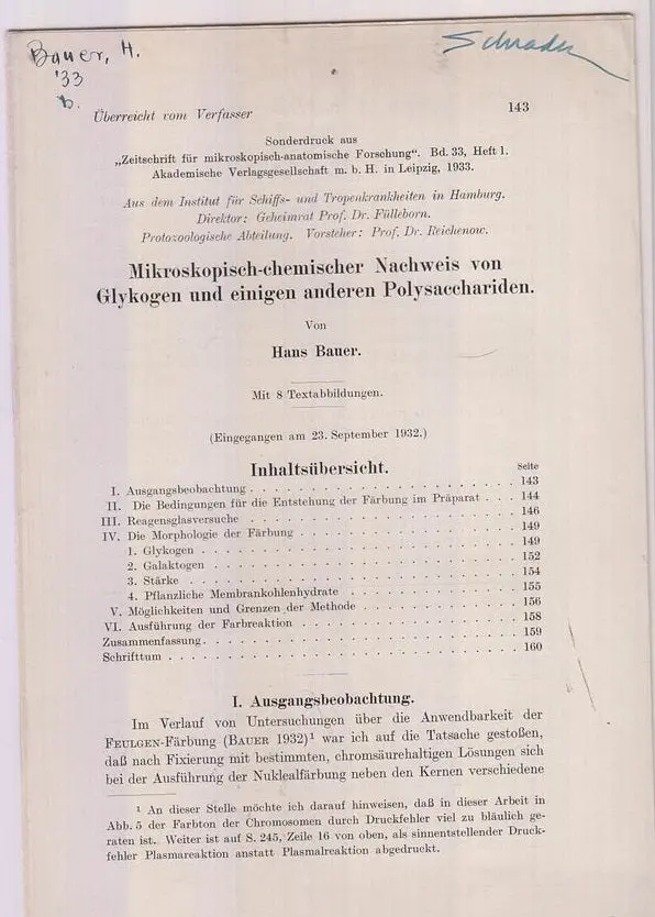 Mikroskpisch-Chemischer Nachweis Von Glykogen Und Einigen Anderen Polysacchariden  By Bauer, Hans 1