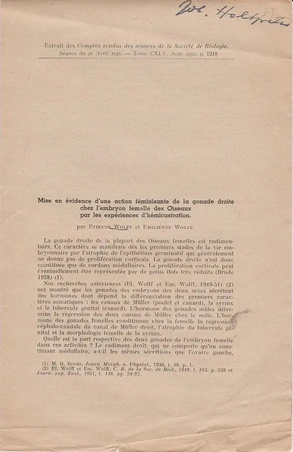 Mise En Evidence D'une Action Femiisante De La Grande Droite Des Oiseaux Par Les Experiences D'hemicastration 1