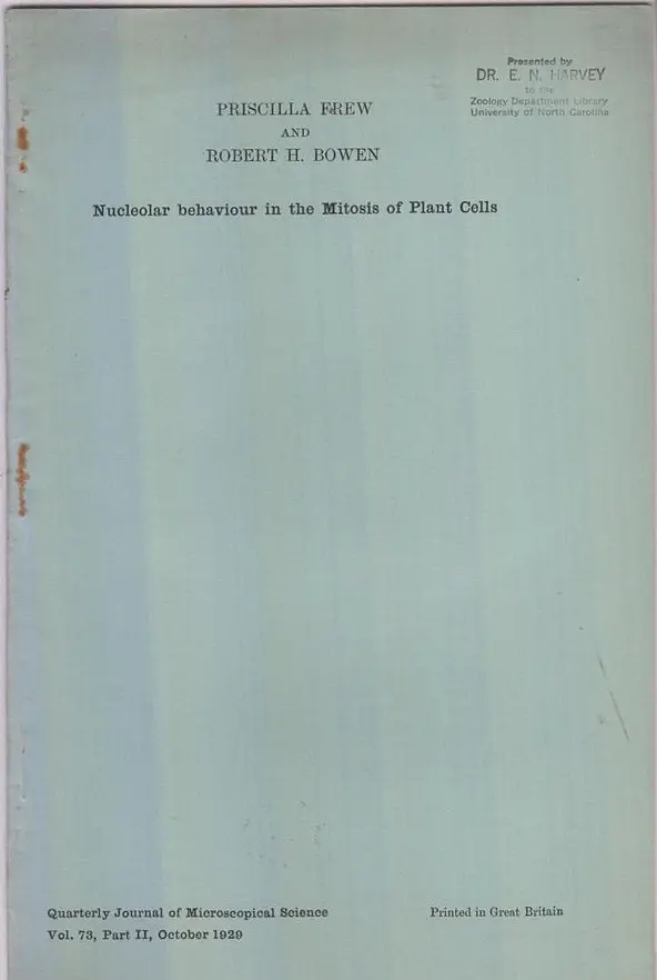 Nucleolar Behavior In The Mitosis Of Plant Cells  By Frew, Priscilla, Robert H. Bowen 1