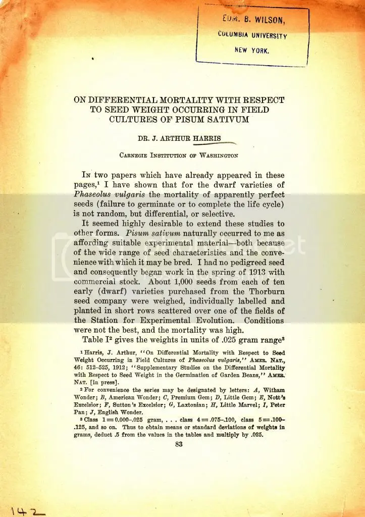 On Differential Mortality With Respect To Seed Weight Occuring In Field Cultures Of Pisum Sativum By Harris, Arthur 1