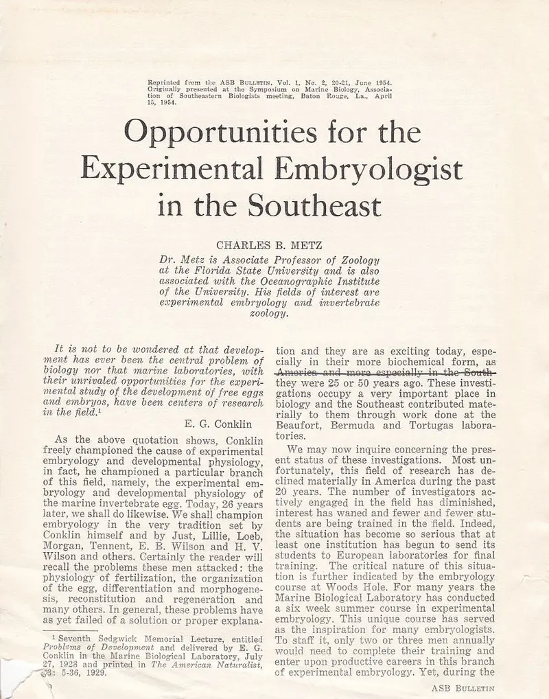 Opportunities For The Experimental Embryologist In The Southeast 1
