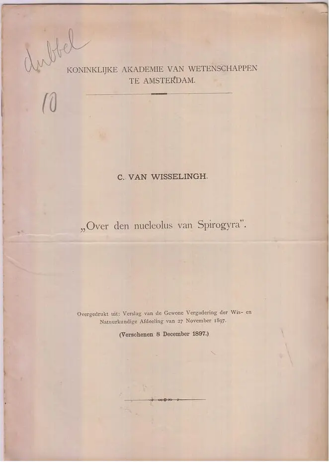 Over Den Nucleolus Van Spirogyra  By Wisselingh, C. Van 1