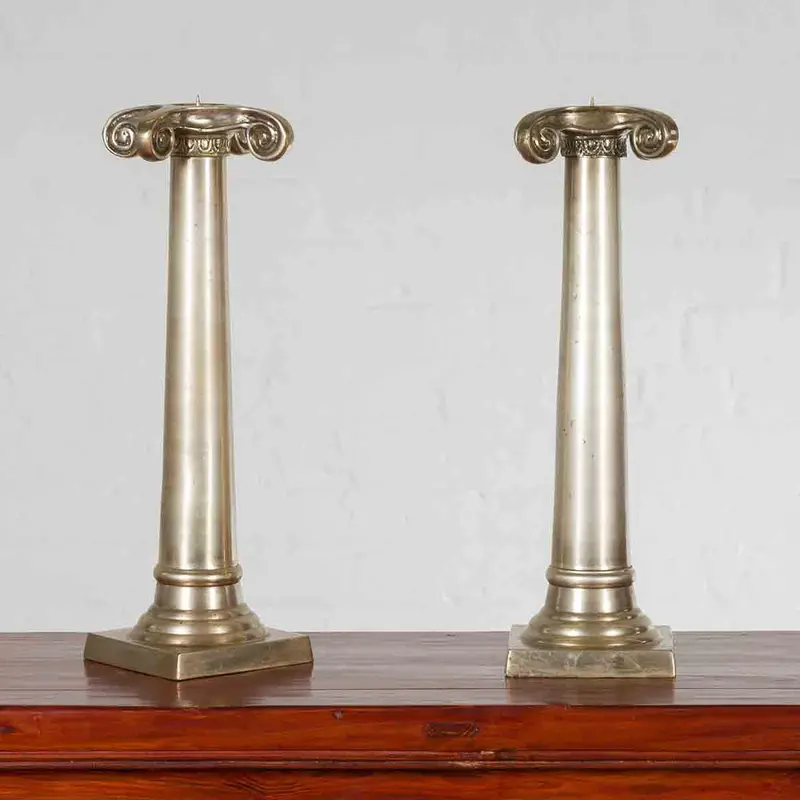 Pair Of Silver Over Bronze Column Candlesticks 1