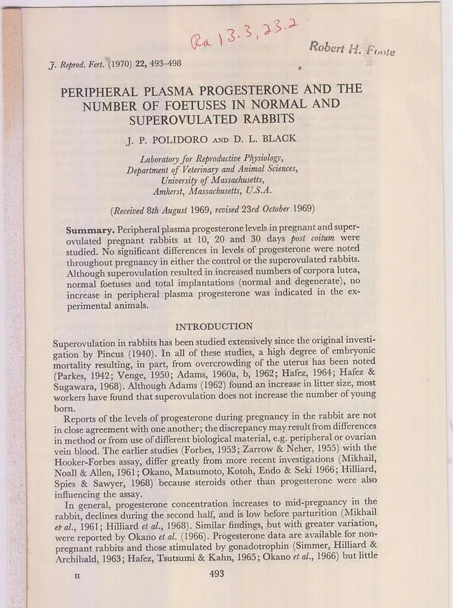 Peripheral Plasma Progesterone And The Number Of Foetuses In Normal And Superovulated Rabbits By Polidoro, J.P., D.L. Black 1