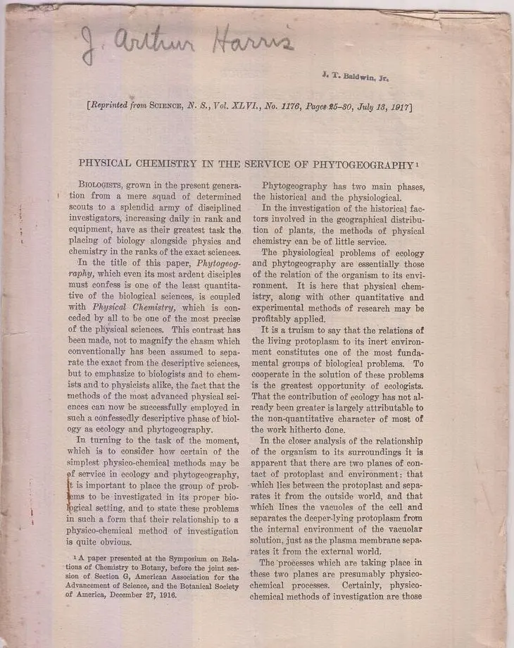 Physical Chemistry In The Service Of Phytogeography By Harris, J. Arthur 1