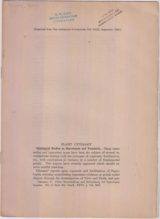 Plant Cytology, Cytological Studies On Saprolegnia And Vaucheria.  By Davis, Bradley M 1