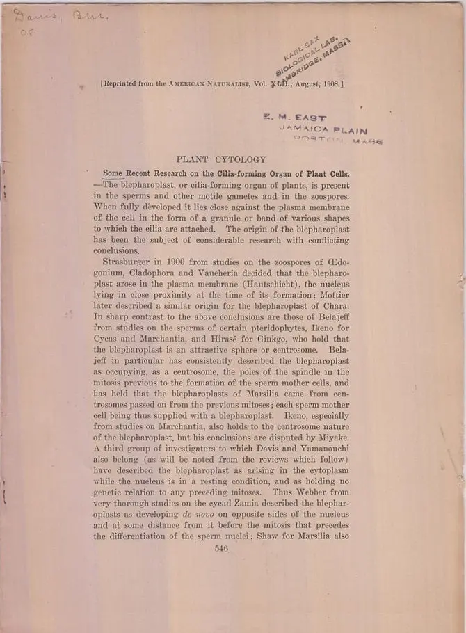 Plant Cytology, Some Recent Research On The Cilia-Forming Organ Of Plant Cells  By Davis, Bradley M. 1