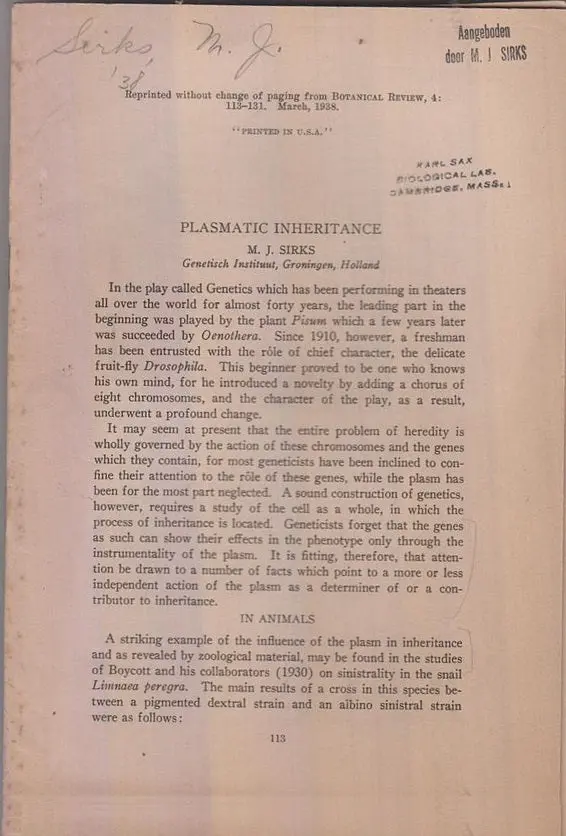 Plasmatic Inheritance  By Sirks, M.J. 1
