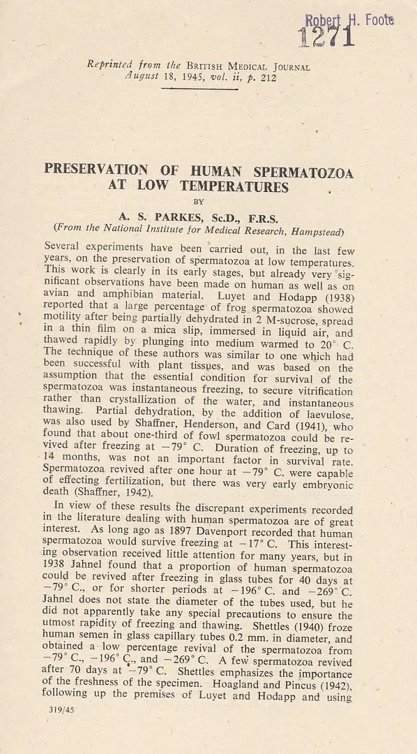 Preservation Of Human Spermatozoa At Low Temperature 1