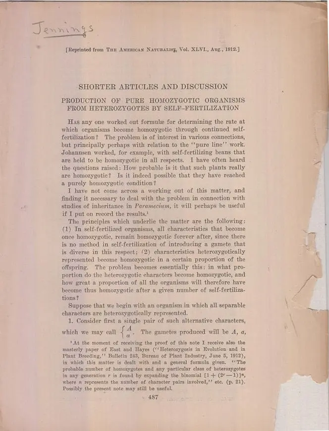 Production Of Pure Homozygotic Organisms From Heterozygotes By Self-Fertilization  By Jennings, H.S. 1