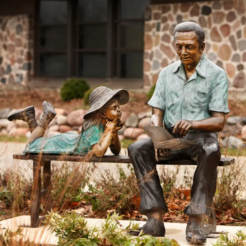 Quality Time Bronze Reading Bench Statue 1