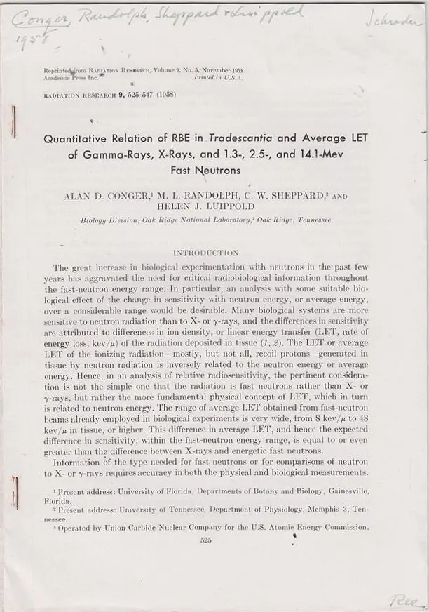 Quantitative Relation Of Rbe In Tradescantia And Average Let Of Gamma Rays , X-Rays, And 1.3-, 2.5-, And 14.1-Mev Fast Neutrons 1
