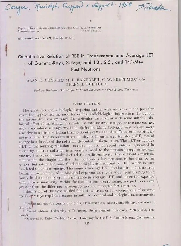 Quantitative Relation Of Rbe In Transcantia And Average Let Of Gamma-Rays, X-Rays And 1.3-, 2.5-, And 14.1-Mev Fast Neutrons  By Conger, Alan D., M.L. Randolph, C.W. Sheppard, Helen J. Luipold 1