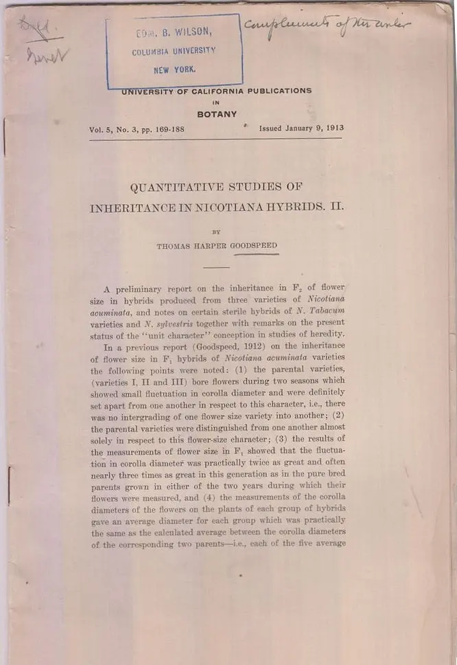 Quantitative Studies Of Inheritance In Nicotiana Hybrids, Ii. By Goodspeed, Thomas Harper 1
