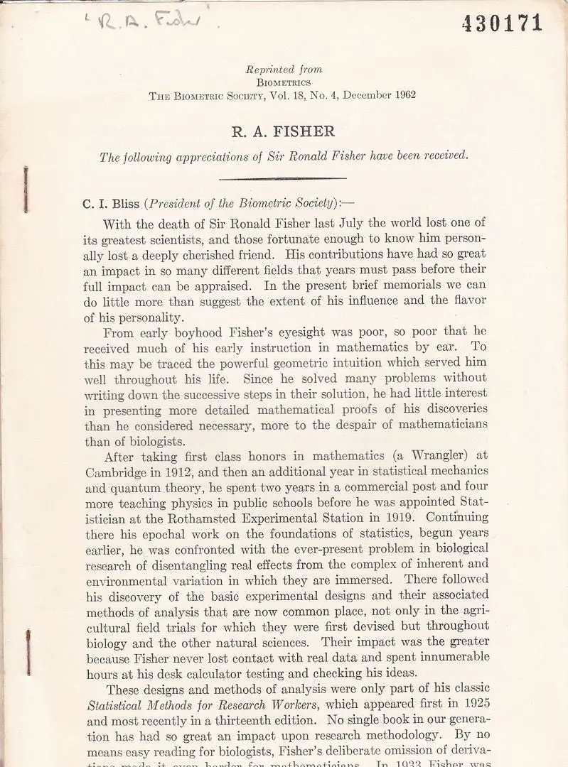 R. A. Fisher Appreciation 1
