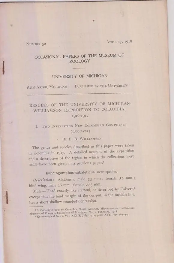 Results Of The University Of Michigan Williamson Expedition To Colombia, 1916-1917. I. Two Interesting New Colombian Gomphines  By Williamson, E.B. 1
