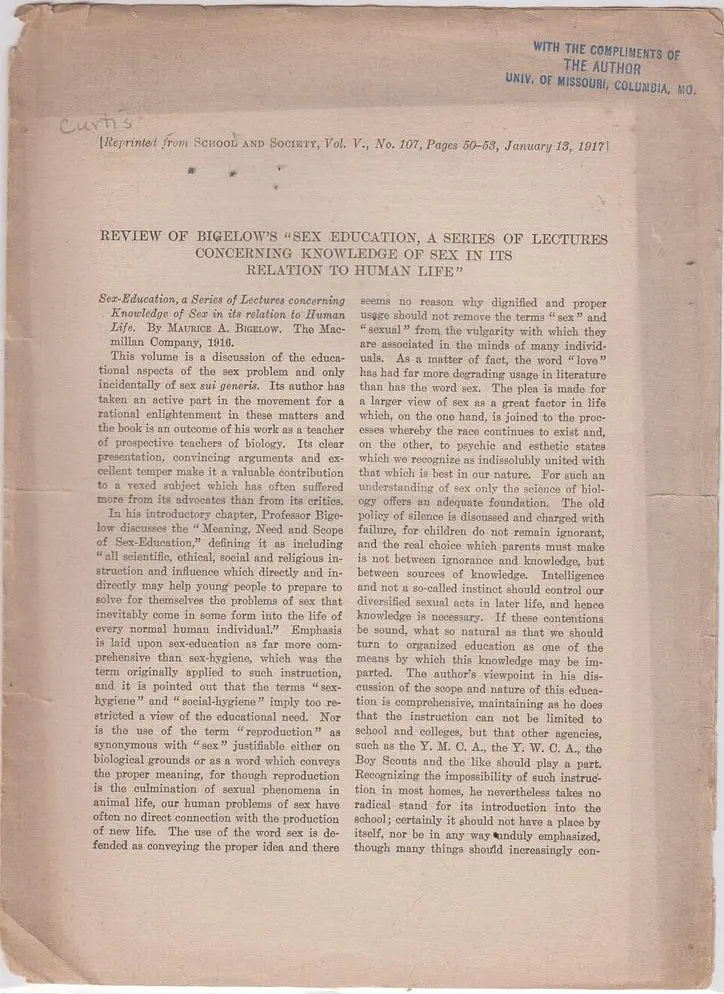 Review Of Bigelow's "Sex Education, A Series Of Lectures Concerning Knowledge Of Sex In Its Relation To Human Life" 1