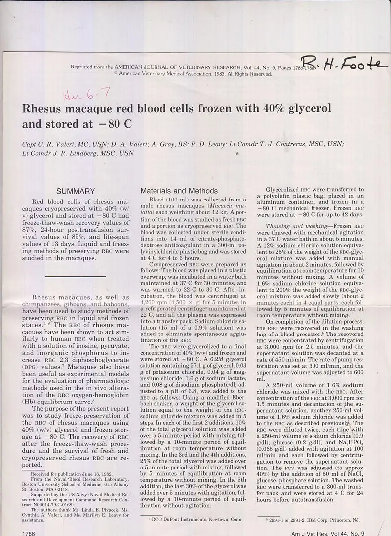Rhesus Macaque Red Blood Cells Frozen With 40% Glycerol And Stored At -80C  By Valeri, C.R., D.A. Valeri, A. Gray, P.D. Leavy, T.J. Contreras, J.R. Lindberg 1