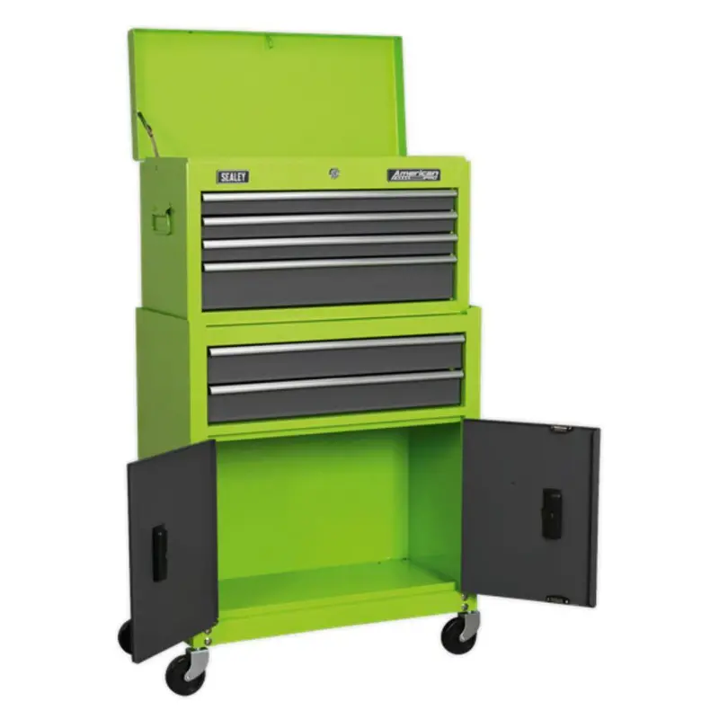 Sealey American Pro Topchest & Rollcab Combination 6 Drawer With Ball-Bearing Slides - Hi-Vis Green/Grey Ap2200bbhv 1