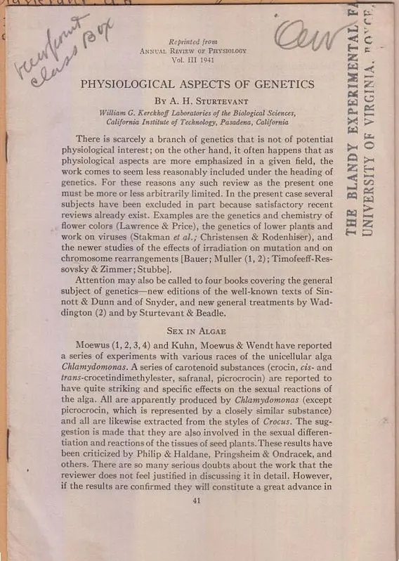 Set Of Offprints By A.H. Sturtevant From The Library Of Franz Schrader  By Sturtevant, Ah 1