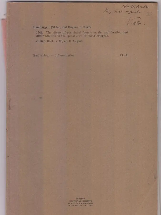 Set Of Three Offprints By Viktor Hamburger 1944-1984 By Hamburger, Viktor 1