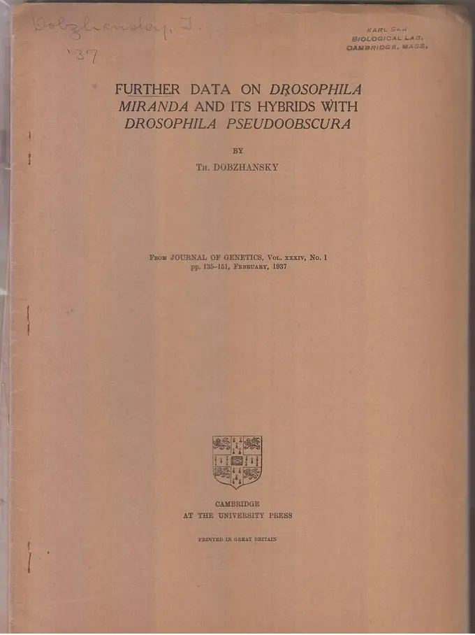 Set Of Twenty-Three Offprints By Theodosius Dobzhansky. 1933-1957  By Dobzhansky, Theodosius 1