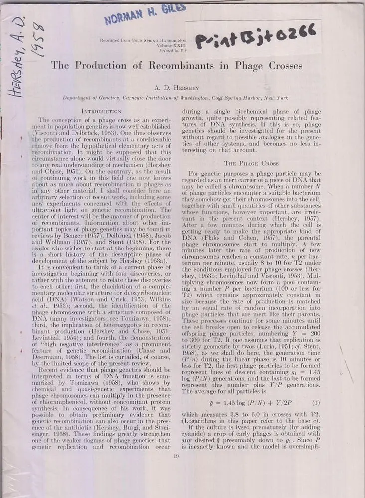 Set Of Two Offprints By A.D. Hershey, 1956 & 1958  By Hershey, A.D. 1